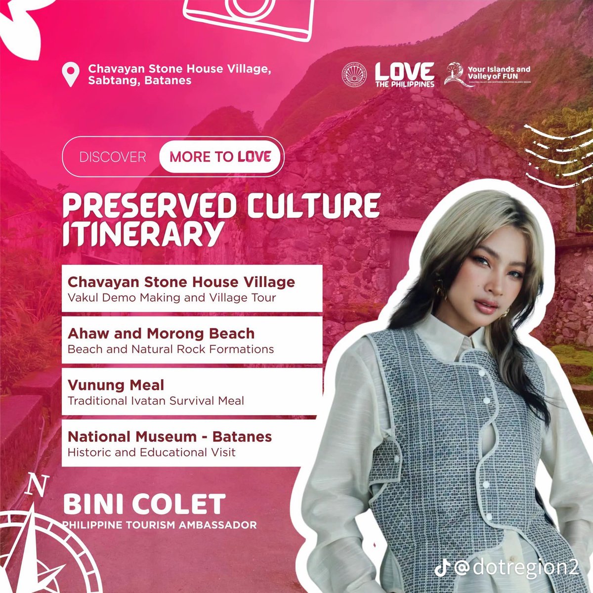 binicrave's tweet photo. “BATANES ANO? TARA?” The Official TikTok Account of Department of Tourism (@TourismPHL) Region 2 posted Philippine Tourism Ambassador from BINI (@BINI_ph) #BINI_Maloi, #BINI_Aiah and #BINI_Colet as they revealed that their ideal travel destination in the Philippines is Batanes. We couldn't help but design an itinerary based on the locations and activities they would undoubtedly enjoy. 

They shared some places to visit in Batanes such as: 

🗺️📍Naidi Hills and Basco Lighthouse
🗺️📍Basco Rolling Hills
🗺️📍Tukon Chapel
🗺️📍Valugan Boulder Bay
🗺️📍House of Dakay 
🗺️📍Honesty Coffee Shop
🗺️📍Racuh a Payaman 
🗺️📍Tayid Lighthouse
🗺️📍Chavayan Stone House Village
🗺️📍Ahaw and Morong Beach
🗺️📍Vunung Meal
🗺️📍National Museum — Batanes

🔗:(https://t.co/KzXZ3Kjbo7)

📸: DOT Region 2 Official Tiktok Account

#BINILoveThePhilippines #BINI