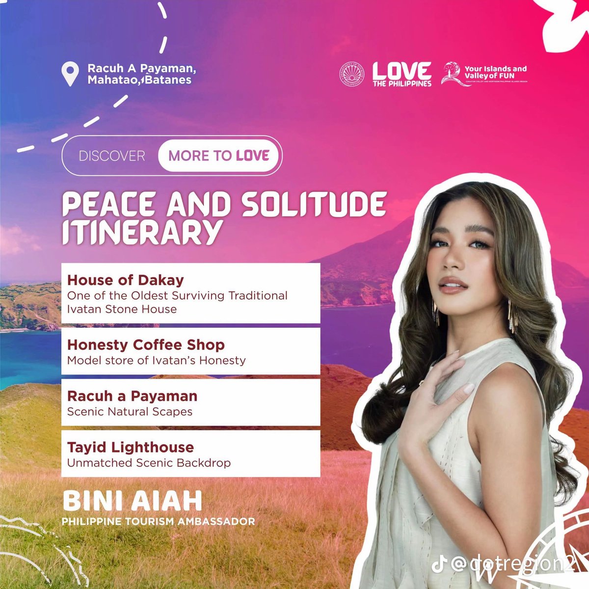 binicrave's tweet photo. “BATANES ANO? TARA?” The Official TikTok Account of Department of Tourism (@TourismPHL) Region 2 posted Philippine Tourism Ambassador from BINI (@BINI_ph) #BINI_Maloi, #BINI_Aiah and #BINI_Colet as they revealed that their ideal travel destination in the Philippines is Batanes. We couldn't help but design an itinerary based on the locations and activities they would undoubtedly enjoy. 

They shared some places to visit in Batanes such as: 

🗺️📍Naidi Hills and Basco Lighthouse
🗺️📍Basco Rolling Hills
🗺️📍Tukon Chapel
🗺️📍Valugan Boulder Bay
🗺️📍House of Dakay 
🗺️📍Honesty Coffee Shop
🗺️📍Racuh a Payaman 
🗺️📍Tayid Lighthouse
🗺️📍Chavayan Stone House Village
🗺️📍Ahaw and Morong Beach
🗺️📍Vunung Meal
🗺️📍National Museum — Batanes

🔗:(https://t.co/KzXZ3Kjbo7)

📸: DOT Region 2 Official Tiktok Account

#BINILoveThePhilippines #BINI