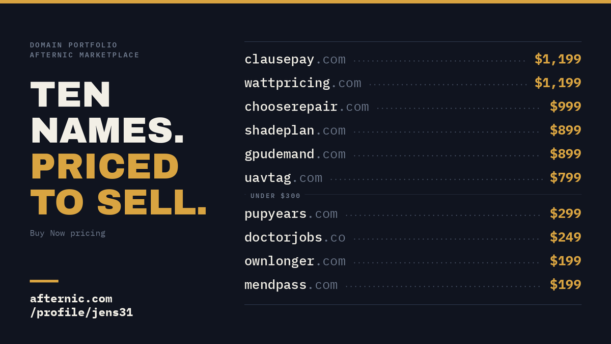 TheDomainHolder's tweet photo. Ten domains, all with Buy Now pricing on Afternic.

Energy, drones, repair, legaltech, AI compute. $199 to $1,199, no haggling required.

Click the link for the full list.

#domains #domainsforsale