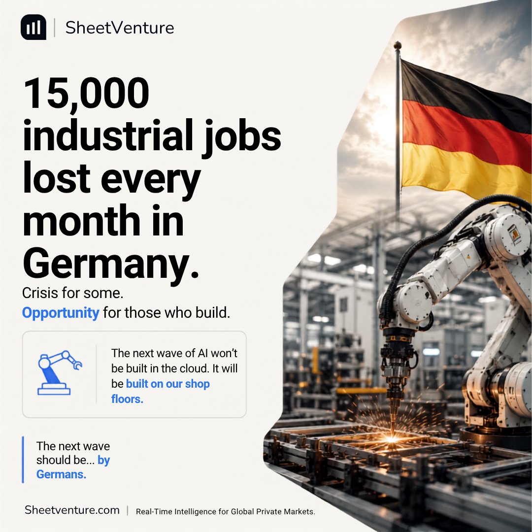 abumukheimer's tweet photo. Germany is losing 15,000 industrial jobs every month.

Most people see decline.

I see the biggest engineering talent reallocation in Europe.

The US and China won the first AI wave. Europe didn’t build the dominant foundation models.

But the next wave isn’t about chatbots.

It’s Physical AI.

Robots. Manufacturing. Defense. Industrial automation. Autonomous machines. Critical infrastructure.

This is where Germany has an unfair advantage.

Decades of industrial know-how, robotics expertise, world-class engineers, and manufacturing IP that never existed on the public internet.

Germany isn’t losing talent.

It’s releasing it.

At @SheetVenture, we’re already seeing investor interest shift toward robotics, industrial AI, defense, and advanced manufacturing.

The next AI champion doesn’t have to come from Silicon Valley. 

🇩🇪

#PhysicalAI #Germany #Robotics #DeepTech #VentureCapital