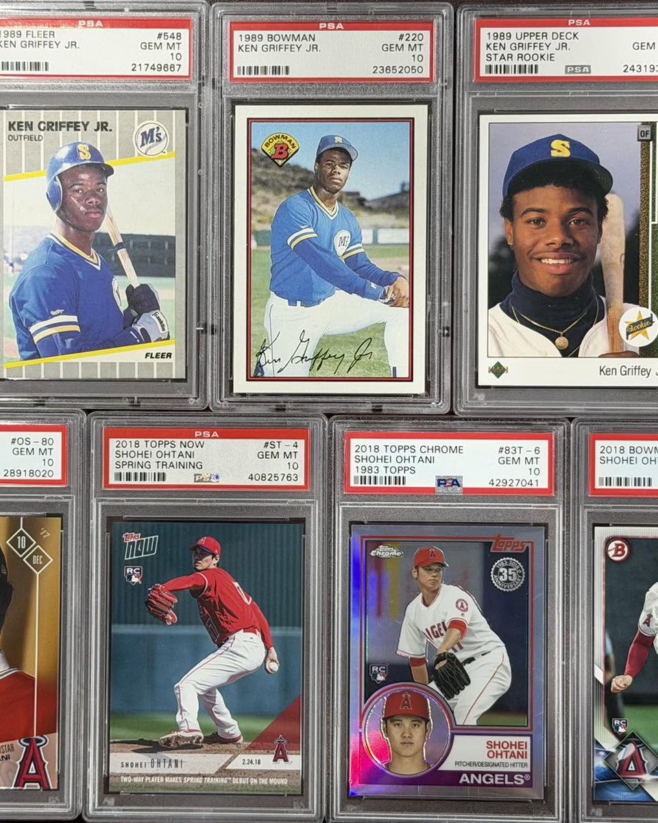 Teamsets4u's tweet photo. Shohei Ohtani and Ken Griffey Jr RC Gem Mint #PSA10 Available at the National Card Show in Chicago by Scottsdale Cards.  Booths 712/718 near the main enterance#thenational #nscc25 #PSA #UpperDeck #Topps #Bowman #Fleer #HobbyChristmas https://t.co/ffAp9SnLAF