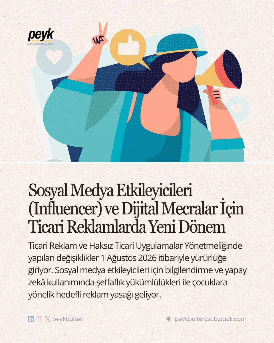 peyklaw's tweet photo. Ticari Reklam ve Haksız Ticari Uygulamalar Yönetmeliğinde yapılan değişiklikler 1 Ağustos 2026 itibariyle yürürlüğe giriyor. Değişiklikle sosyal medya etkileyicileri (influencer) ve dijital platformlar için yeni kurallar öngörülmüştü. https://t.co/uDg64PMCoS