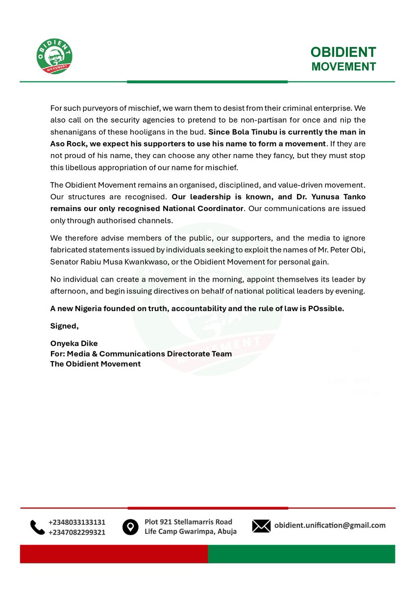 ObidientUpdate's tweet photo. FRAUD ALERT

PURPORTED REMOVAL OF DR. YUNUSA TANKO IS FALSE: BEWARE OF FRAUDULENT GROUPS CLAIMING TO SPEAK FOR PETER OBI OR THE OBIDIENT MOVEMENT