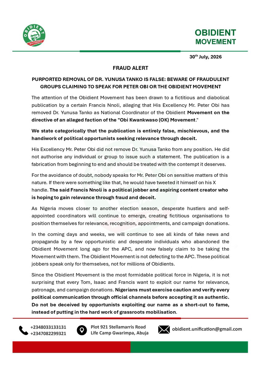 ObidientUpdate's tweet photo. FRAUD ALERT

PURPORTED REMOVAL OF DR. YUNUSA TANKO IS FALSE: BEWARE OF FRAUDULENT GROUPS CLAIMING TO SPEAK FOR PETER OBI OR THE OBIDIENT MOVEMENT