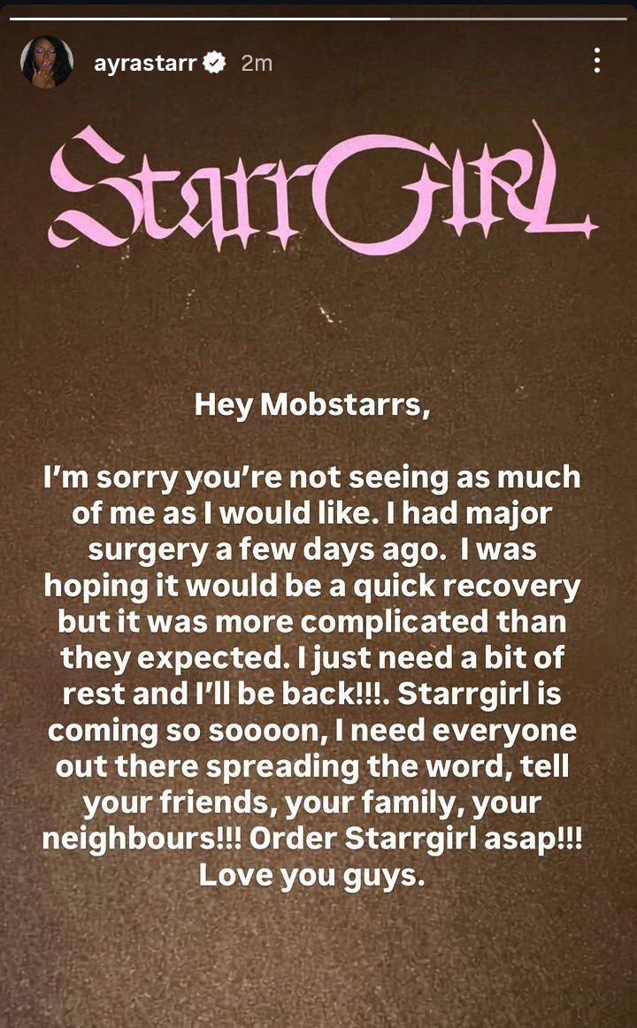 mobstarrs1's tweet photo. Ayra Starr via IG story

Stay strong, Starrgirl 🙏 https://t.co/LSNodVUDB6
