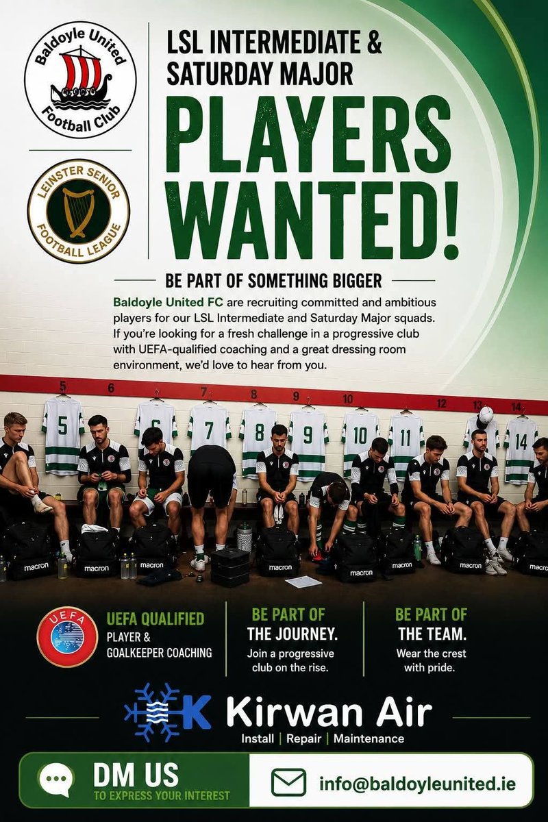 BaldoyleUtd's tweet photo. ⚽ 𝗟𝗦𝗟: 𝗣𝗟𝗔𝗬𝗘𝗥𝗦 𝗪𝗘𝗟𝗖𝗢𝗠𝗘
Baldoyle Utd is recruiting players for our LSL Intermediate and Sat. Major squads ahead of the new season.

Email info@baldoyleunited.ie 

#BaldoyleUnited 
@LSLLeague @LOIPDNews 
@loi_talk @ExtratimeNews https://t.co/k6R8PyK0yR