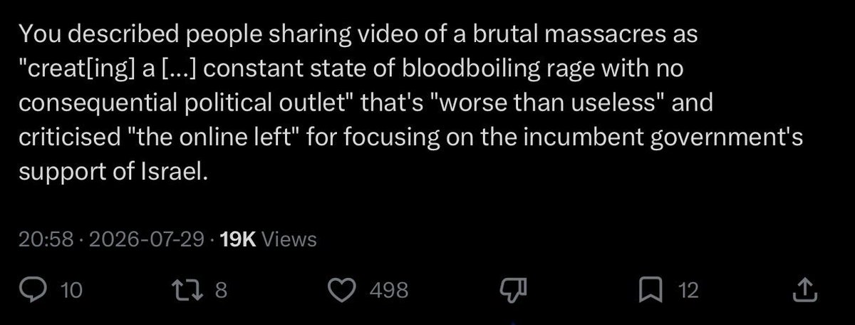 htmldotyuck's tweet photo. This is the explanation in its purest form. The feelings of hopelessness and fear are valid but nothing more than a misidentification of the Sisyphean task of treating psychotic Zionists as reasonable -- if we share enough the boulder will cease to roll back down. The internet is the Arab Spring. If leftists want change they have to get offline and put their lives at risk, far greater risk than campus protests. You don't achieve progress on what Mark Carney calls a New World Order being built in media res by posting.
One video of gore is enough to convince many. For the rest, no quantity will convince: genocidaires exist in a different reality. You are not wrong that to keep a pot at a constant boil and never let it boil over (take action that risks poster lives) is worse than useless. It pushes people to the belief that nothing ever changes, history is predetermined. Rage without external release inevitably turns inwards.
(Finally, who seriously believes a Contrapoints video is going to spring the masses into action, an action they cannot decide on because it's not clear what would work!) You're merely a convenient punching bag because for a brief period your excellent videos genuinely changed some minds. That's not the case anymore, for reasons that have nothing to do with you. As always with social media the option is just to log off sadly.