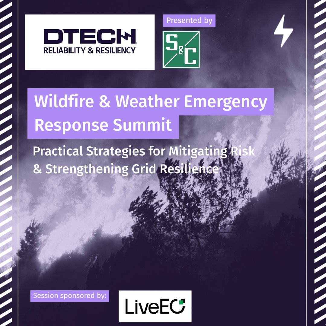 DISTRIBUTECH's tweet photo. As wildfire risk and extreme weather continue to intensify, utilities are being challenged to strengthen grid resilience while balancing reliability, affordability, and evolving regulatory expectations.

Join us at the Wildfire & Weather Emergency Response Summit at DTECH® Reliability & Resiliency for practical insights, real-world utility case studies, and emerging technologies designed to improve emergency preparedness and mitigate wildfire risk.

Hear from experts and utility leaders from AEP, ComEd, Xcel Energy, PNM, PHI, LiveEO, Buzz Solutions, Firescape, 4Liberty, and eSmart Systems as they share lessons learned on wildfire mitigation, grid hardening, AI-powered inspections, vegetation management, customer communications, and resilience planning.

A special thank you to our speakers:
Eve Egdmann, Pedro Gignon, Hunter Arvin, Charles Hoffman, Dave Bunge, Paolo Paruccini, Coral Breidenbach, Don McPhail, Kaitlyn Albertoli, Holly Eagleston, Jeremy Tabet, Aaron Smith, and Susanna Aguilar for sharing their expertise and helping advance the conversation around grid resilience.

👉 Learn More & Add the Summit to Your Registration: https://t.co/Gx3LQCQN7W

#DTECH #GridReliability #Resilience #WildfireResponse #EmergencyPreparedness #Utilities #GridModernization #StormResponse #EnergyIndustry #SmartGrid #WildfireMitigation