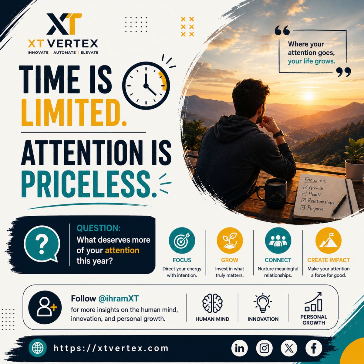 IhramXT's tweet photo. Time is limited. Attention is priceless.
Question:
What deserves more of your attention this year?
Follow @ihramXT for more insights on the human mind, innovation, and personal growth.
https://t.co/f50dIpX9Kl
#XTVertX #Focus #Productivity #Mindset #BrainPower https://t.co/Xf39LXzZZv