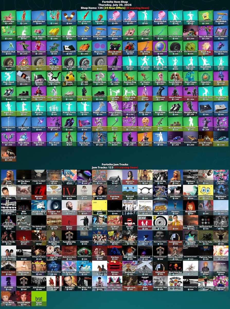 RoseilyaX's tweet photo. #Fortnite Item Shop

Thursday, July 30, 2026

Shop Items: 136 (25 New Offers) (8 Leaving Soon) https://t.co/Vx94x1d0A5