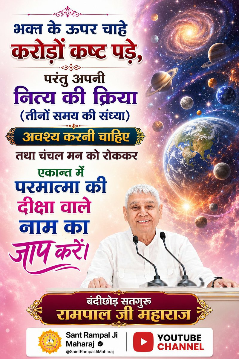 Vandnadassi's tweet photo. #GodNightThursday
भक्त के ऊपर चाहे करोड़ों कष्ट पड़े, परंतु अपनी नित्य की क्रिया (तीनों समय की संध्या) अवश्य करनी चाहिए तथा चंचल मन को रोककर एकान्त में परमात्मा की दीक्षा वाले नाम का जाप करें।

जगत के तारणहार #पूर्णगुरु_संतरामपालजीमहाराज जी https://t.co/2rK2NdrULK