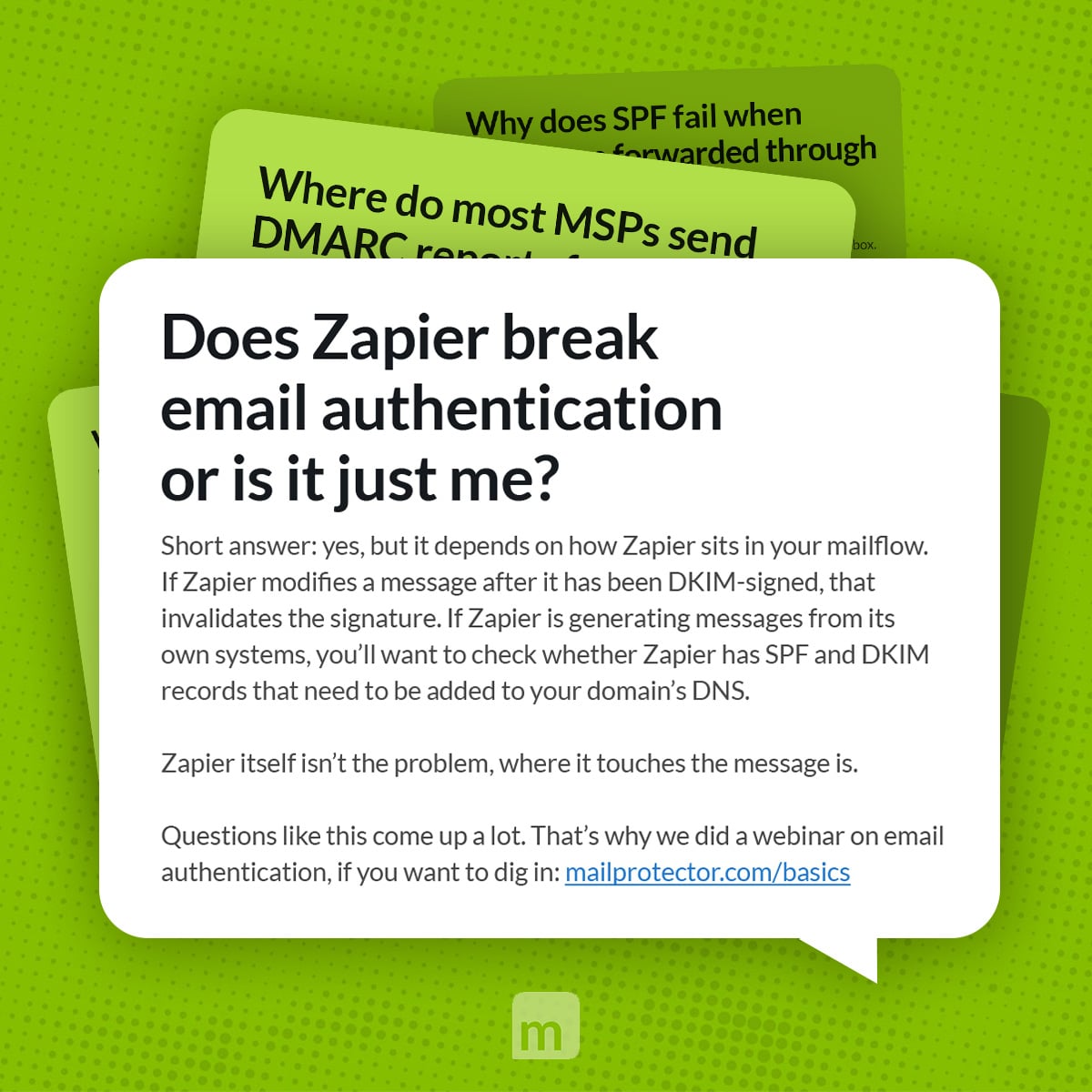mailprotector's tweet photo. Does Zapier break email authentication or is it just me?

Short answer: yes, but it depends on how Zapier sits in your mailflow. Zapier itself isn’t the problem, where it touches the message is.

Questions like this come up a lot. https://t.co/juK0sN83ZG https://t.co/NFBnCUdIGu