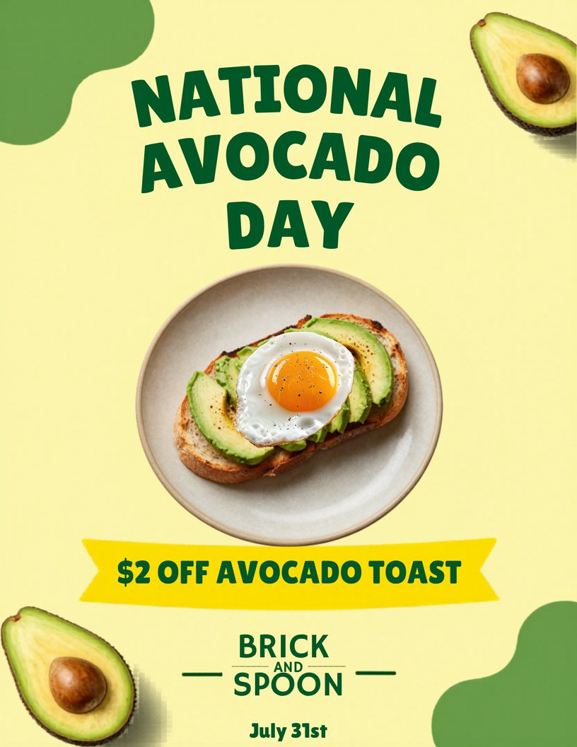 BrickAndSpoonMS's tweet photo. 🥑 National Avocado Day deserves a celebration!

Join us July 31 and enjoy $2 OFF Avocado Toast all day long. Fresh, flavorful, and the perfect excuse for brunch. 💚✨
#NationalAvocadoDay #brickandspoontupelo https://t.co/E8ASrZ6f8I