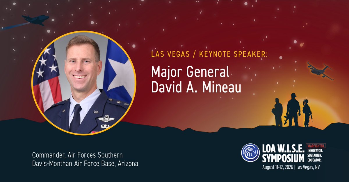 TeamLOA's tweet photo. Maj Gen David A. Mineau, Commander of Air Forces Southern, joins #LOA2026_Vegas to share insights on airpower, partnerships, and readiness in an increasingly complex security environment.

Register ➡️ https://t.co/6x7i201H1o

#LOGNATION #decisiveadvantage https://t.co/dJClUGbNUR