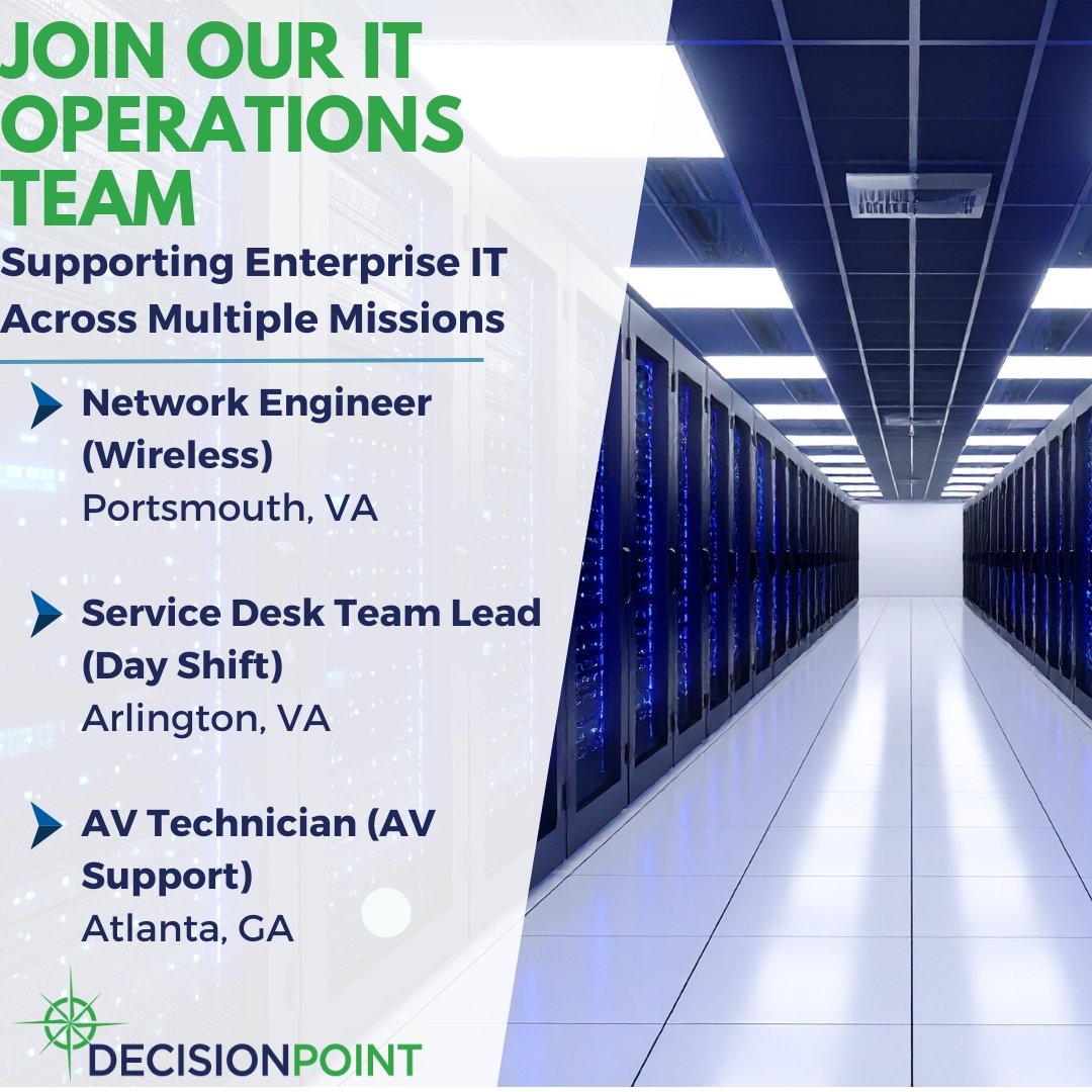 DecPtCorp's tweet photo. 🖥️ Join Our IT Operations Team

We're currently hiring:
• Network Engineer (Wireless) – Portsmouth, VA: https://t.co/LO8SWIeWX1
• Service Desk Team Lead (Day Shift) – Arlington, VA: https://t.co/SHOIf7J7I4
• AV Technician (AV Support) – Atlanta, GA: https://t.co/1yYHApLG5s https://t.co/iKe4f3aodL