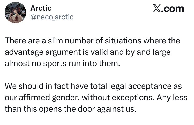 autogampegg's tweet photo. “Any less than total legal acceptance as our affirmed gender opens the door against us.”

This is where you’re wrong. It’s the demands for unreasonable accommodations as your affirmed gender (e.g. entitlement to compete in women’s sports) that opens the door against you. https://t.co/jaVFdevHJo