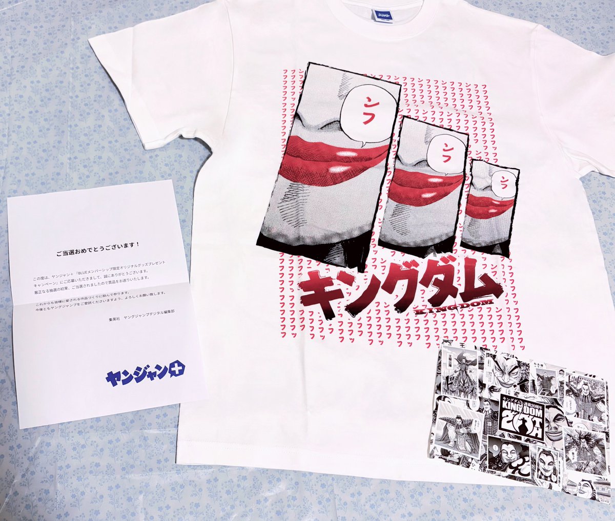 EjvMu2's tweet photo. ヤンジャン+ BLUEメンバーシップ
4月期『キングダム』オリジナルTシャツ
に当選しました⸝⸝ʚ̴̶̷̆_ʚ̴̶̷̆⸝⸝✨️✨

週刊ヤングジャンプ・ヤンジャン＋並びに
キングダムをこれからも応援して参ります💋💕
 #キングダム https://t.co/7tKGVKRtmo