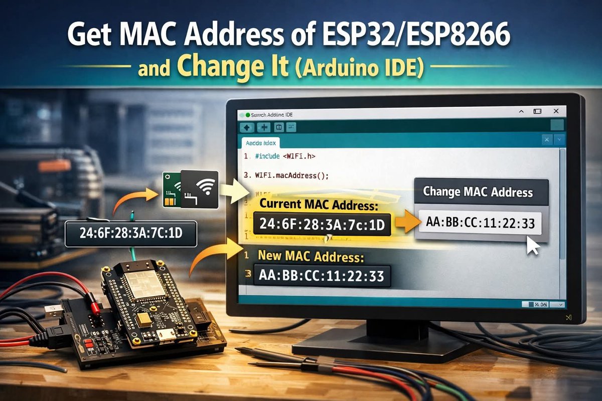 ebokify's tweet photo. Get MAC Address of ESP32/ESP8266 and Change It (Arduino IDE) 
https://t.co/V5SiqkIDmS 

📕 ESP32 eBooks:
https://t.co/MgZVxPgjRa

📕 ESP8266 eBooks:
https://t.co/UOnrIpKeKJ

#ESP32 #ESP32S3 #ESP32C6 #ESP32Project #ESP32Tutorial #Espressif #Arduino #IoT #Microcontroller #ESP8266 #NodeMCU