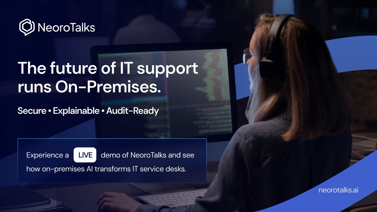 NeoroTalks's tweet photo. Secure AI powers better IT support. 

@NeoroTalks  protects enterprise data while accelerating service desk operations. 

#NeoroTalks #Talksandtalks #EnterpriseAI #ITServiceManagement #OnPremisesAI https://t.co/3b65oesm7X