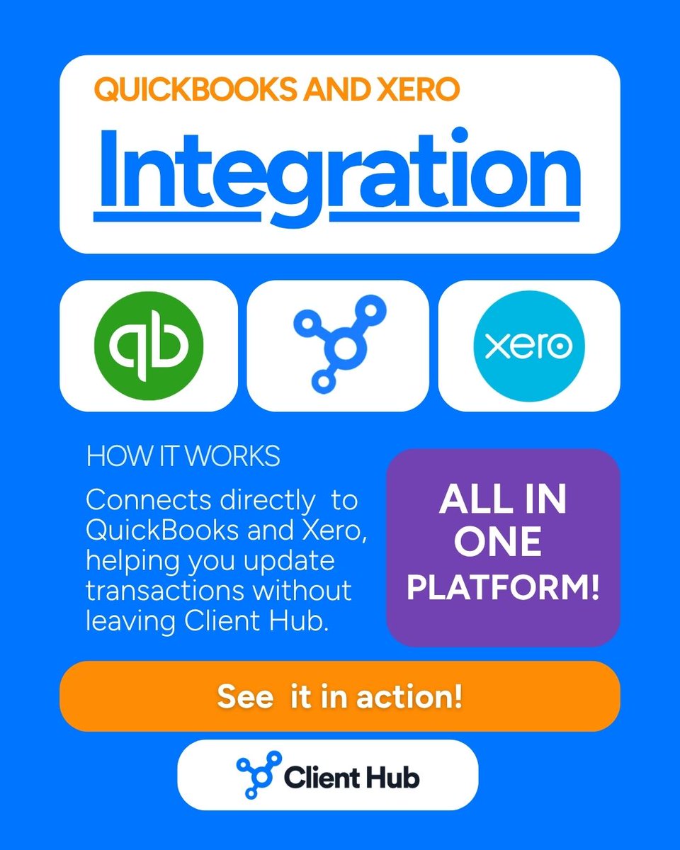 ClientHubApp's tweet photo. Uncategorized transactions piling up? 🤦 Sync with QuickBooks and Xero right inside Client Hub. No re-entering data required.

Check it out today! https://t.co/weUetK8j7d

#ClientHub #QuickBooks #Xero https://t.co/a3Xkjly4Iw