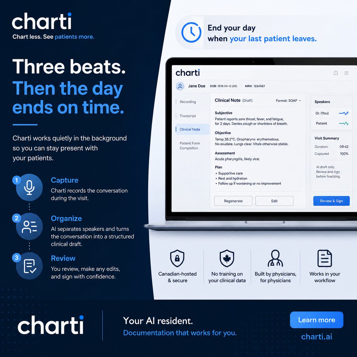 Charti_ai's tweet photo. Three beats. Then the day ends on time.
Charti helps simplify the process in three steps:
1. Capture
2. Organize
3. Review
The physician reviews, edits, and approves the note before it is finalized
More time focused on patients and life after the clinic.
Chart less.Try charti. ai https://t.co/ytDnfiMGf9