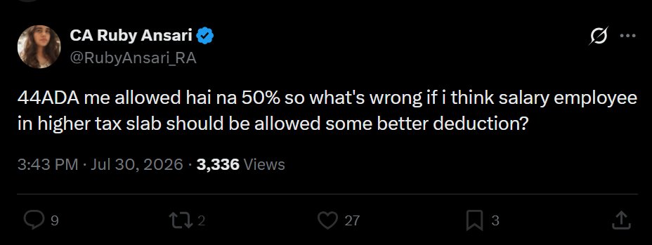 Raghav4youu's tweet photo. Can a CA Final student please teach @RubyAnsari_RA section 44ADA? Sheβs too busy abusing other religions to actually read the Income Tax Act.
Stop chasing cheap engagement and learn basic law and logic before destroying the profession's respect here
#icai #castudents https://t.co/TH6gKgsTLW