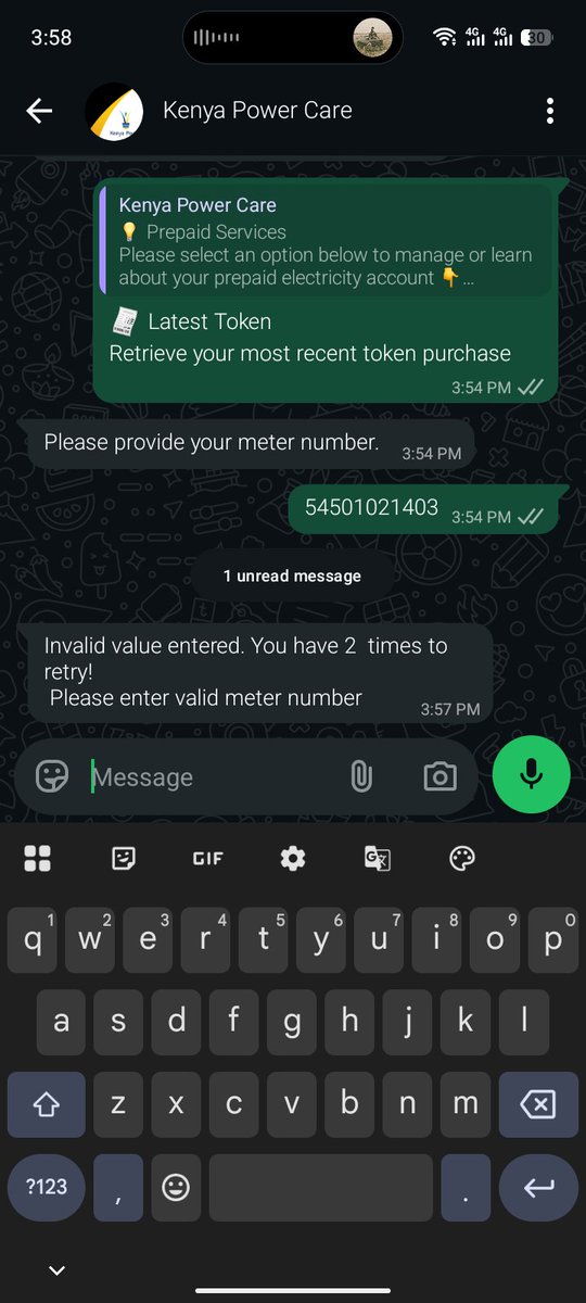 SiffaSiffa267's tweet photo. @KenyaPower @KenyaPower_Care i bought the token twice and now when I check via your chat bot na *977# these are the response https://t.co/SJ4ki0CiPx