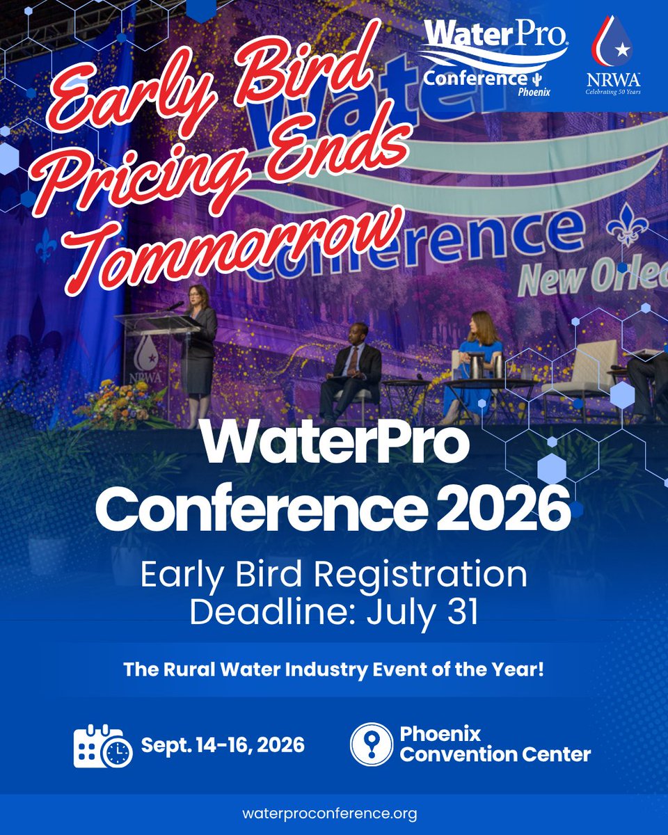 NRWA's tweet photo. 🌵 Early Bird Pricing for the 2026 WaterPro Conference ENDS TOMORROW, July 31! Register today to get the best prices of the year.

🗓️ September 14-16
📍Phoenix, Arizona
🔗https://t.co/WGeOL5P0I2 https://t.co/gaW2tTnsGO