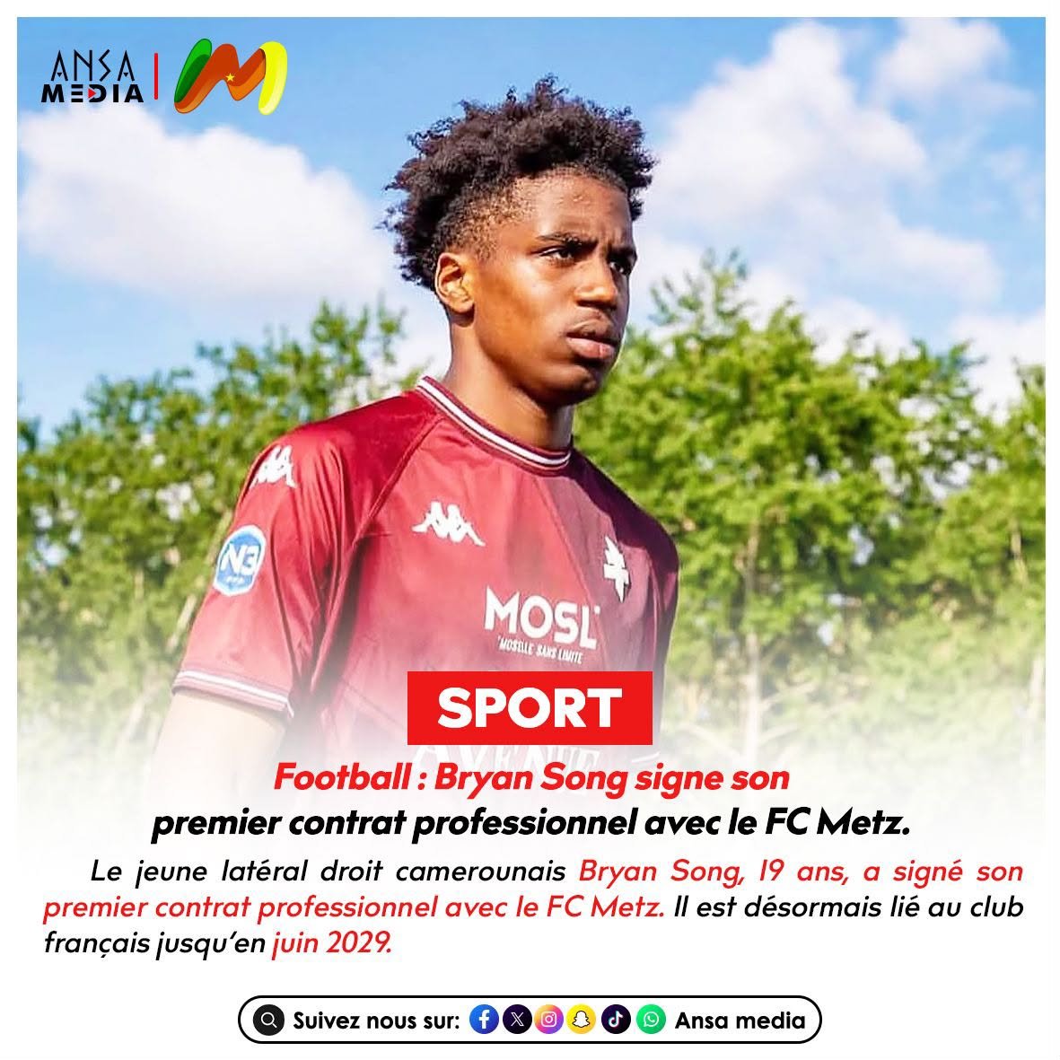 AnsaMedia237's tweet photo. Football : Bryan Song signe son premier contrat professionnel avec le FC Metz.
Lire la suite ici : Bienvenue dans le presse-papiers Gboard.
Lire la suite ici : https://t.co/WbNoLSdXQa
#AnsaMedia #BryanSong #FCMetz #Mercato #Cameroun #Football #MadeInCameroon https://t.co/yeHILz1pHb