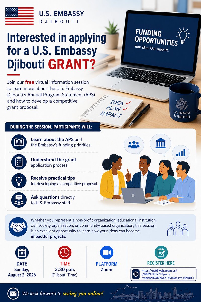 US_Emb_Djibouti's tweet photo. Interested in applying for a U.S. Embassy Djibouti grant?
Join our free virtual information session to learn more about the U.S. Embassy Djibouti's Annual Program Statement (APS) and how to develop a competitive grant proposal.
During the session, participants will:
✅ Learn about the APS and the Embassy's funding priorities.
✅ Understand the grant application process.
✅ Receive practical tips for developing a competitive proposal.
✅ Ask questions directly to U.S. Embassy staff.
Whether you represent a non-profit organization, educational institution, civil society organization, or community-based organization, this session is an excellent opportunity to learn how your ideas can become impactful projects.
📅 Date: Sunday, August 2, 2026
🕞 Time: 3:30 p.m. (Djibouti Time)
💻 Platform: Zoom
📝 Register here: https://t.co/UjaLppn23K  
We look forward to seeing you online!