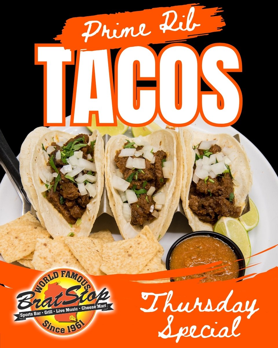 TheBratStop's tweet photo. Don't miss one of our favorite weekly specials! Prime Rib Tacos are served every Thursday and packed with flavor. 🌮🔥😋

#BratStop #PrimeRibTacos #TacoThursday #KenoshaFood #Foodie https://t.co/BfOsAHmB32