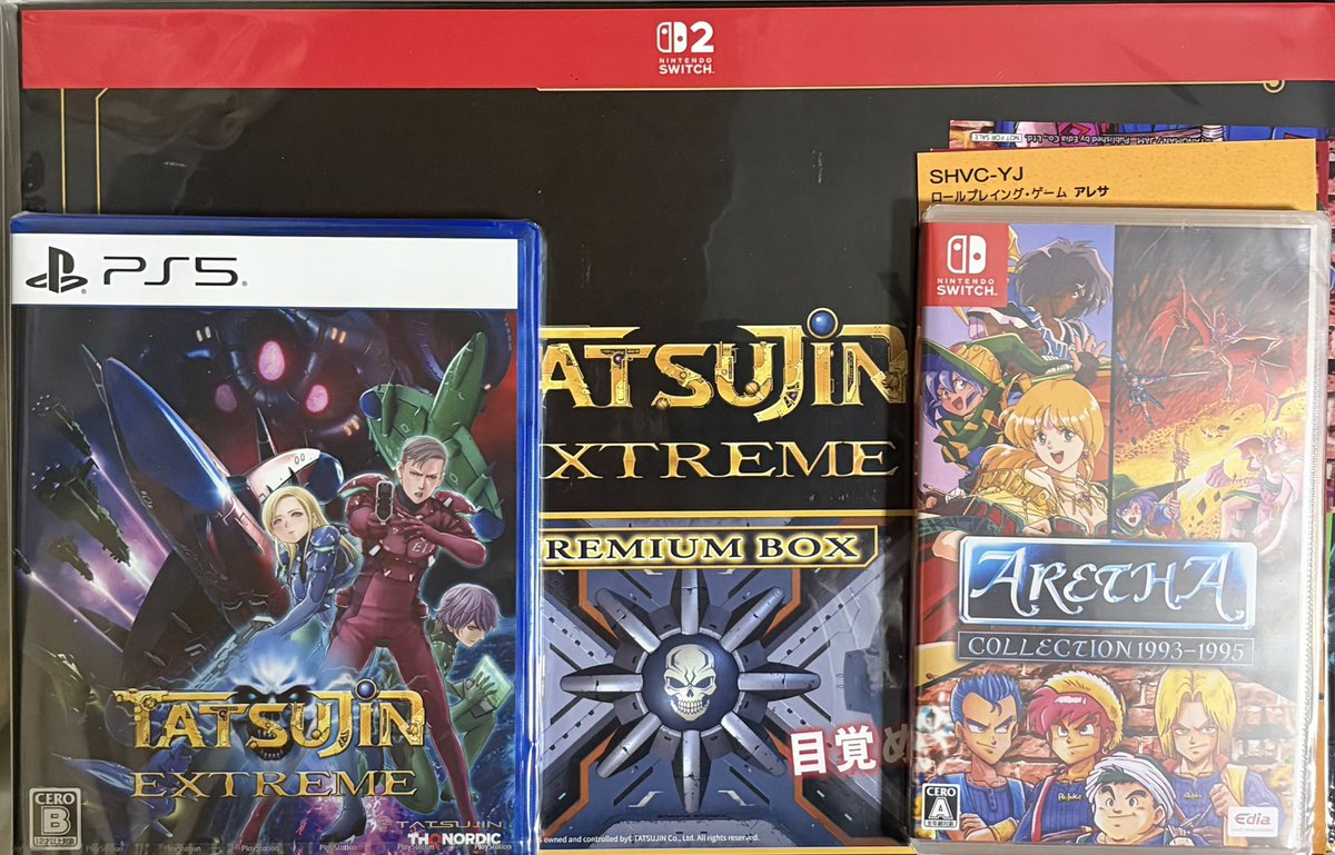 pentyukitan's tweet photo. ゲームショップ1983にて、アレサコレクションスイッチ版と、TATSUJIN EXTREMEのPS5とスイッチ2版のプレミアムボックスを購入しました。
TATSUJIN EXTREMEは体験版で、続きをプレイしたくなる面白さだったので、２面以降遊べるのが楽しみです♪ https://t.co/7r8v60Uk02