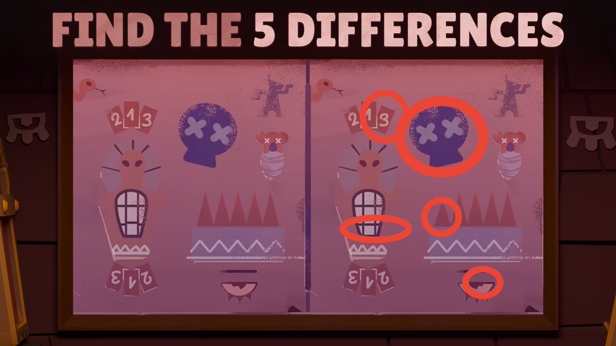 jaunebbs's tweet photo. @BrawlStars 1/ The shape of the "3" card is different 

2/ The purple skull rotation is different

3/ The lines on the totem are different 

4/ The left most peak in the right-hand image is smaller

5/ in the eye : pupil in the other direction

#BrawlStars #EscapePyramidQuest https://t.co/iZbaCDqcAD
