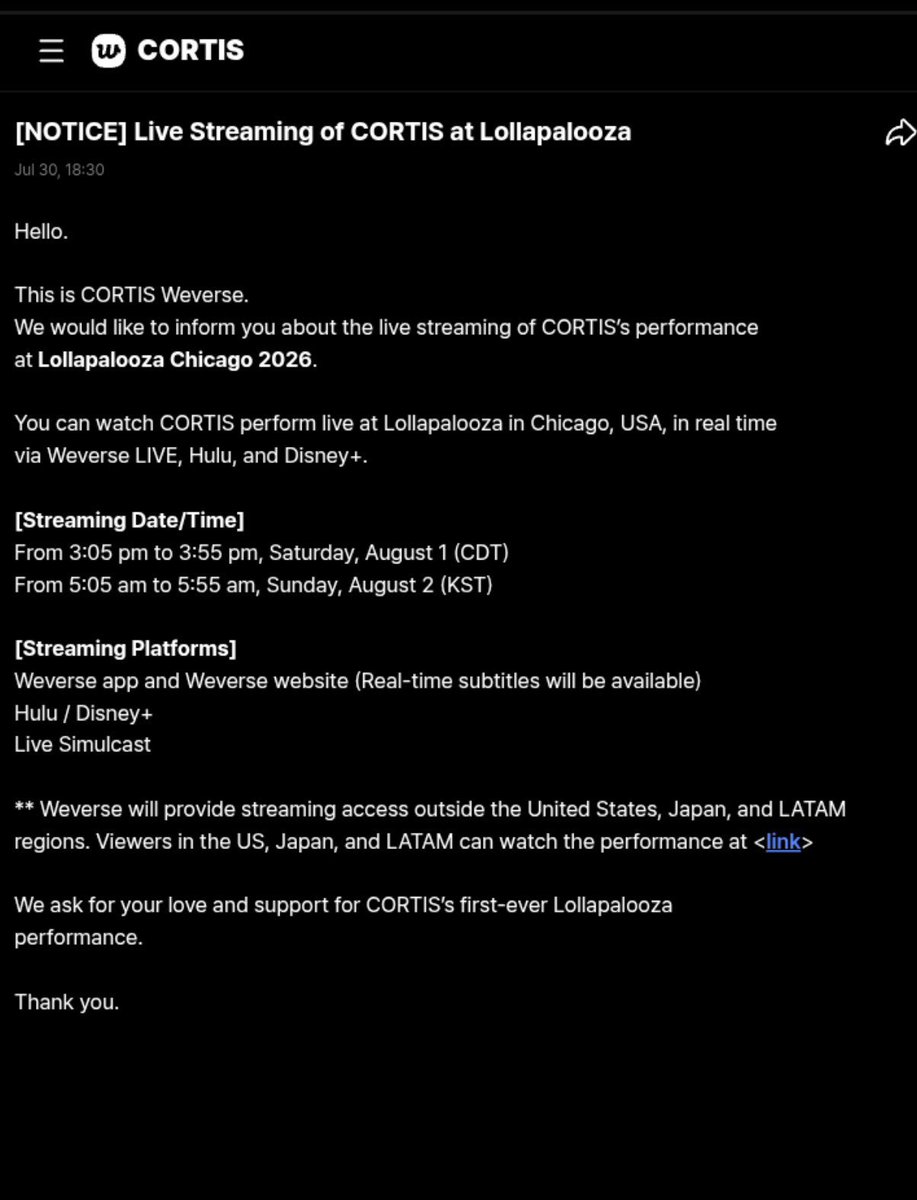 cortisshinez's tweet photo. Oh my god we can watch CORTIS perform live at Lollapalooza in Weverse LIVE 😭😭🔥🔥

From 3:05 pm to 3:55 pm, Saturday, August 1 (CDT)
From 5:05 am to 5:55 am, Sunday, August 2 (KST)

Thank you CORTIS I love you 😭🫂 https://t.co/15HxEsRBuh