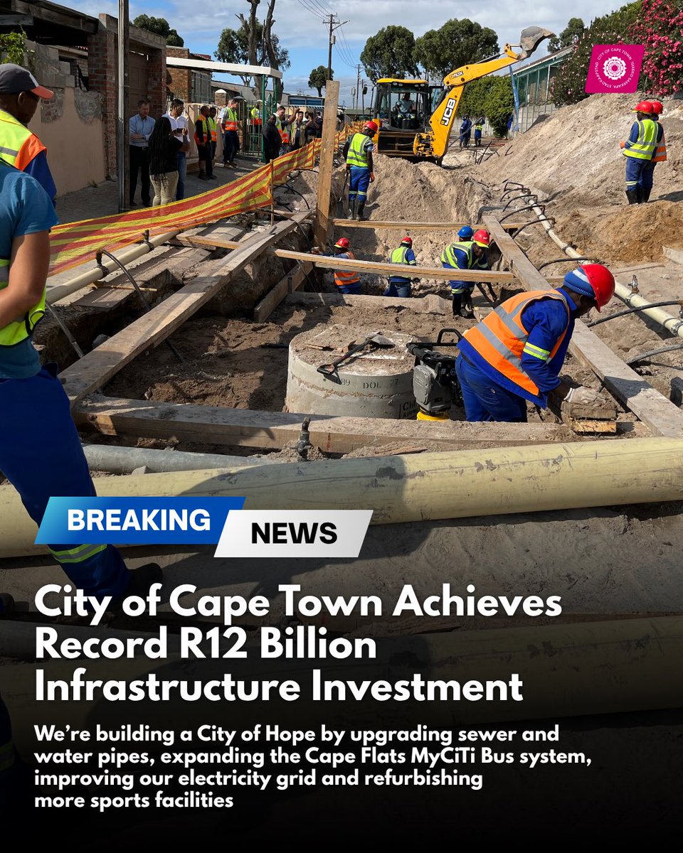 geordinhl's tweet photo. The City of Cape Town has reached a SA-record R12 billion infrastructure investment in just one year 🏗️🇿🇦

We’re building a City of Hope by upgrading sewer and water pipes, expanding the Cape Flats MyCiTi Bus system, improving our electricity grid and refurbishing more sports facilities 👏

While other SA cities collapse, we’re building for Capetonians 💙

More info: https://t.co/WPFcSioUP0