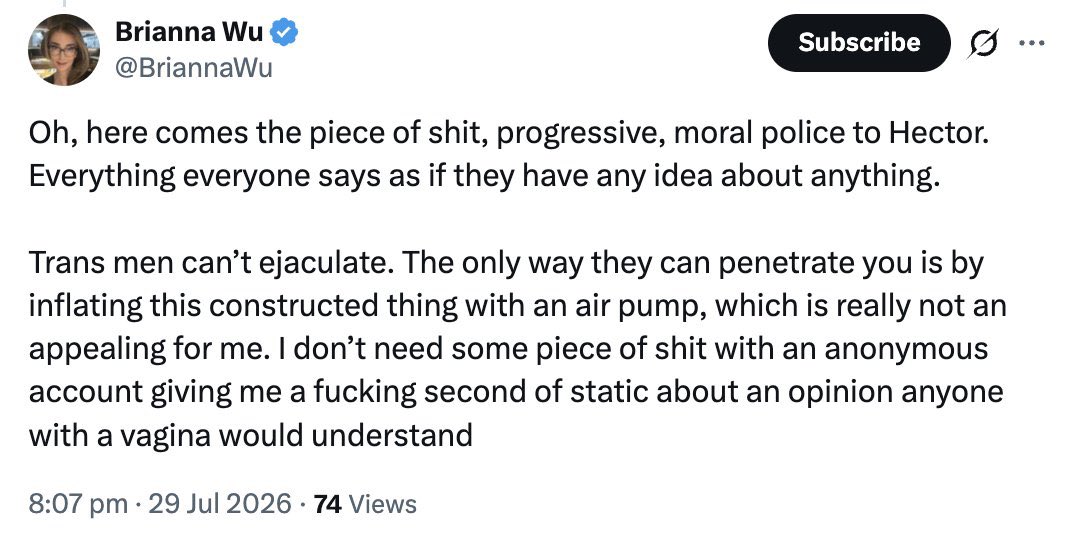 autogampegg's tweet photo. ✅ Dunks on neopenises (fair, TBH)
✅ Says anyone with a vagina would understand
✅ Has a neovagina https://t.co/kR47gGGg0P