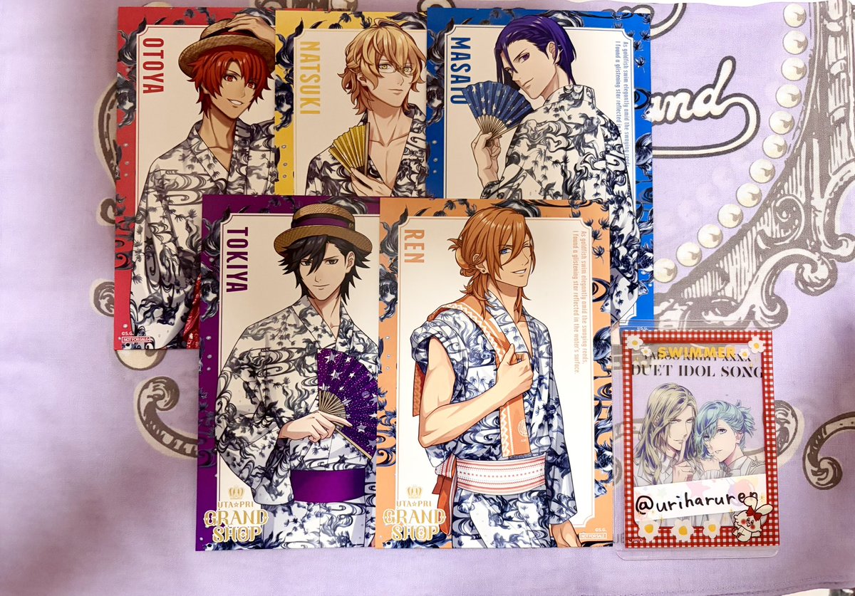 uriharuren's tweet photo. 【交換】うたプリ GRAND SHOP グラショ 特典　YUKATA-MODE 浴衣

譲→　音也 那月 真斗 トキヤ レン

求→　嶺二 蘭丸 各1

まとめて優先です。郵送にて交換希望です。検索よりお気軽にお声掛け下さい。 https://t.co/TXdEZVSw3z