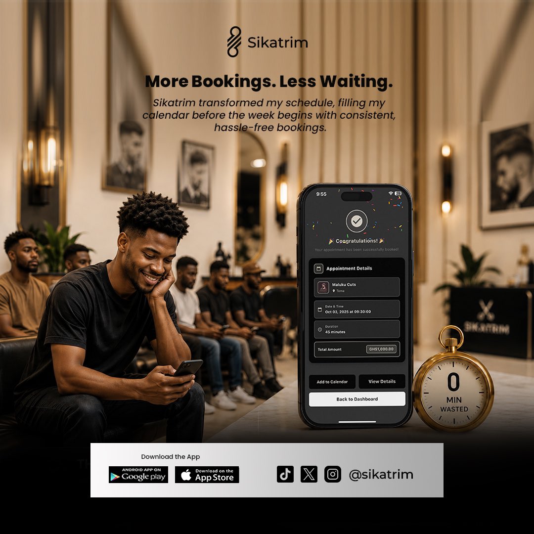 sikatrim's tweet photo. Less waiting.
More bookings.
More money.

That’s the Sikatrim difference.

Clients book online.
Barbers stay organized.
Everyone saves time.

📲 Download Sikatrim today.

💬 What’s your biggest challenge with appointments?

#Sikatrim #BarberBusiness #Bookings https://t.co/HtpDfeEG2A