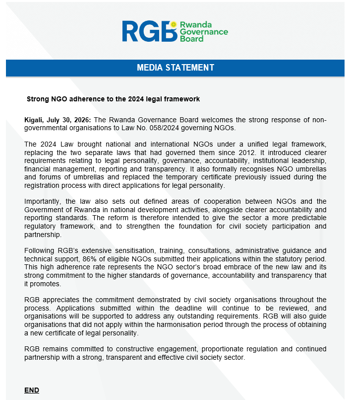 GovernanceRw's tweet photo. 📢Statement on Strong NGO adherence to the 2024 legal framework. #Rwanda https://t.co/pMD82WuEP8