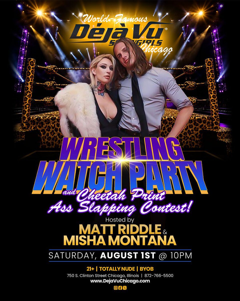 vu_chicago's tweet photo. Two days until Chicago’s most outrageous wrestling party. Matt Riddle &amp; Misha Montana host the action Saturday at 10PM at Deja Vu! 21+ | Totally Nude | BYOB #DejaVuChicago #MattRiddle #WrestlingWatchParty https://t.co/lmTNdYX63w