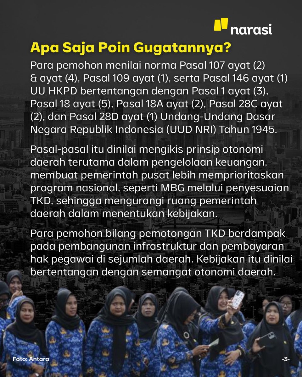NarasiNewsroom's tweet photo. Ketentuan batas maksimal belanja pegawai daerah sebesar 30 persen dari APBD yang diatur dalam UU Nomor 1 Tahun 2022 tentang Hubungan Keuangan Pusat dan Daerah (HKPD) sedang menjalani proses uji materiil di Mahkamah Konstitusi (MK). Gugatan ini diajukan karena aturan itu dinilai memberatkan keuangan daerah dan memicu dampak buruk lain.

Seperti apa isi gugatan tersebut? Cek slidenya sampai tuntas, ya!

| Narasi Daily