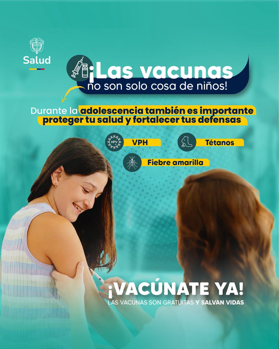 MinSaludCol's tweet photo. En la adolescencia la vacunación tambien ayuda a prevenir enfermedades y a cuidar tu bienestar. 

Inicia, continúa o completa tu esquema de vacunación. Acércate al punto de vacunación más cercano y mantén tu protección al día. Protegemos el presente, cuidamos el futuro 

#VacúnateYa