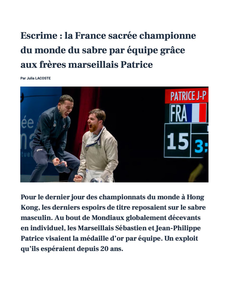 RomainSimmarano's tweet photo. Fierté marseillaise : la France championne du monde du sabre par équipe, grâce aux frères Sébastien et Jean-Philippe Patrice.

20 ans que notre pays attendait ça !

Les Marseillais font gagner la France 🇫🇷 https://t.co/Ozs5t7OSSn