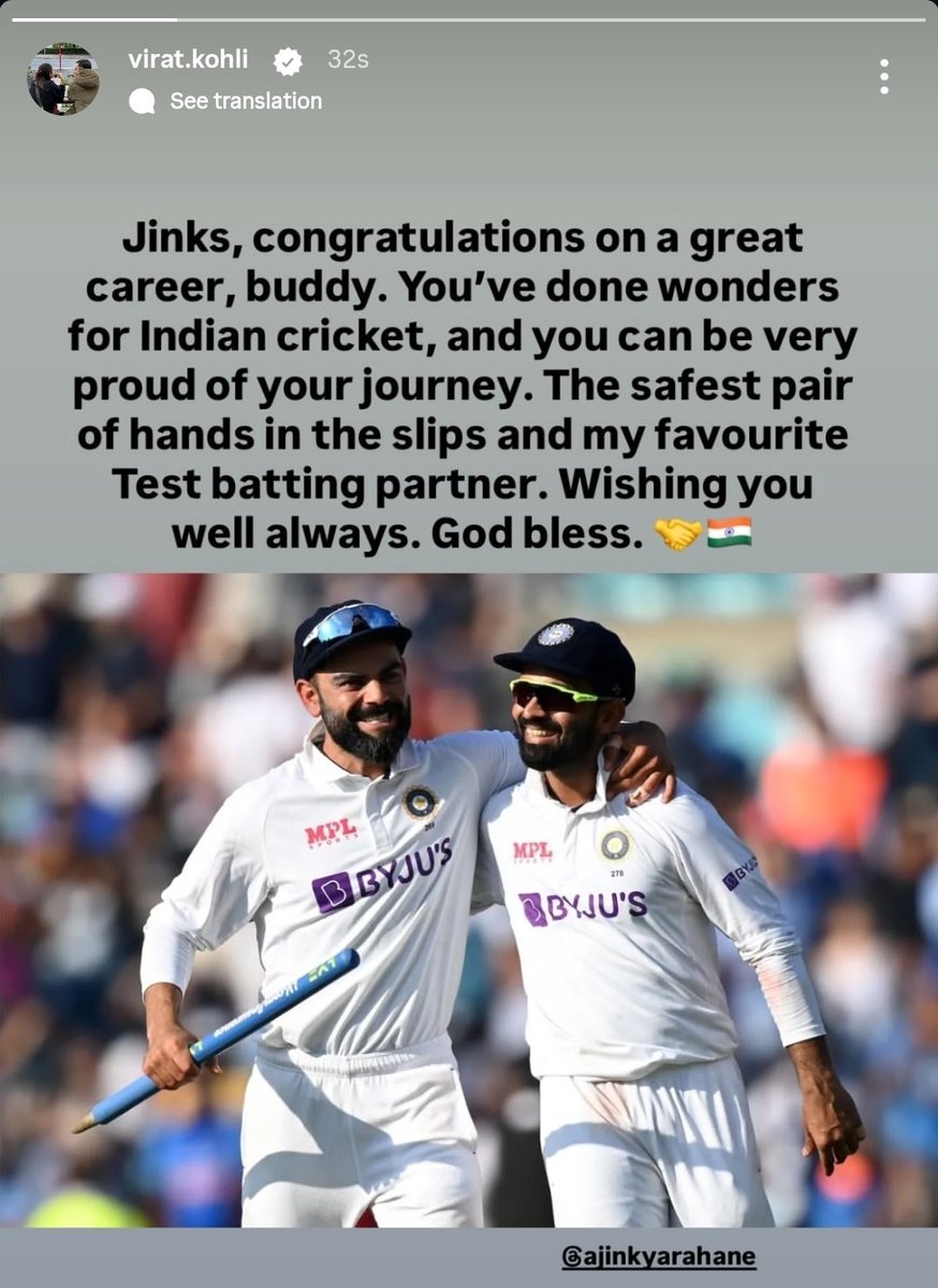 thecricketgully's tweet photo. Virat Kohli on Ajinkya Rahane's Retirement. https://t.co/2bMExLEPzq