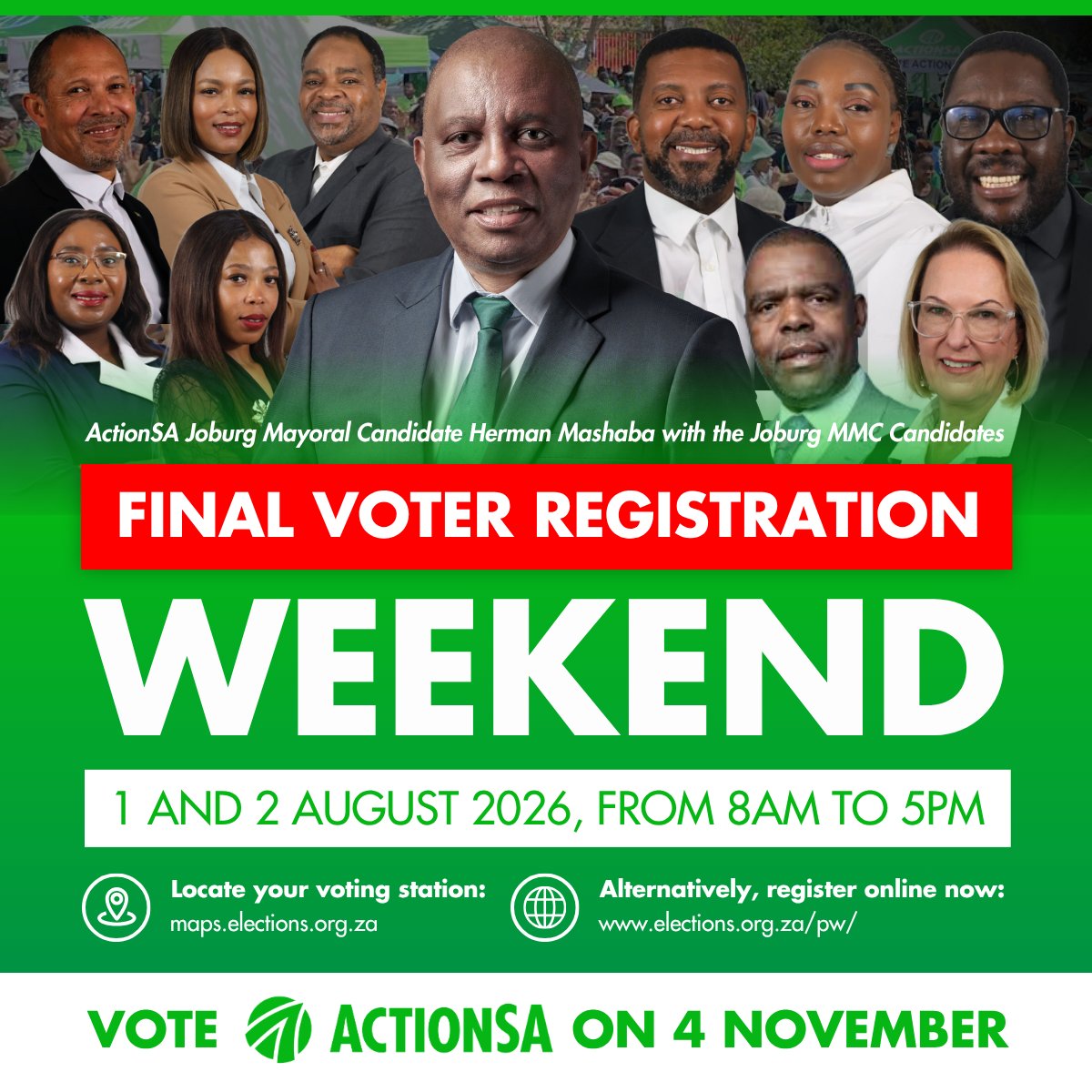 HermanMashaba's tweet photo. 🚨 YOUR VOTE HOLDS THE POWER TO REDEFINE THE NARRATIVE!!

Baagi ba Joburg, this Local Government Elections, you have a choice to either continue rewarding the leaders whose corruption and financial mismanagement have bankrupted your city, putting service delivery on hold while you pay the price. With every pothole that damages your car, every broken traffic light that steals precious time from your family, every dry tap, every power outage, and every pile of uncollected refuse is a reminder of a government that has failed you.

🗳️  Register to vote this Final Voter Registration Weekend and make your vote count. Vote for a credible team ready to redefine your lived reality and restore the Economic Hub. Vote ActionSA!!

#RegisterToVote #UnfinishedBusiness