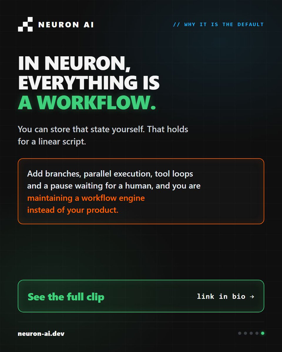neuronai_php's tweet photo. Your agent calls 8 tools. The 9th throws an exception.

Default: the run is gone, and you pay again for inference you already paid for.

Attach persistence to a Neuron workflow and you resume from the node that failed.

https://t.co/EDI9ZKJKgW 

#php #laravel #symfony https://t.co/IaZAR6AXGK