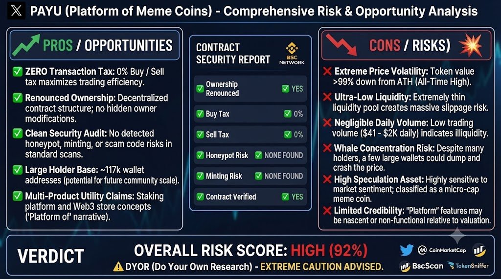 ChainPathfinder's tweet photo. PAYU Platform of Meme Coins Deep Dive 🚨

✅ Clean contract: 0% tax, no honeypot, ownership renounced
⚠️ High risk: 99% down from ATH, extremely low daily liquidity &amp; volume
🐋 Whale dumping risk can lock sellers due to thin pools

Investment Risk Score: 92% 🔴 #PAYU #Crypto #BSC https://t.co/fgRrrJ0aZ2