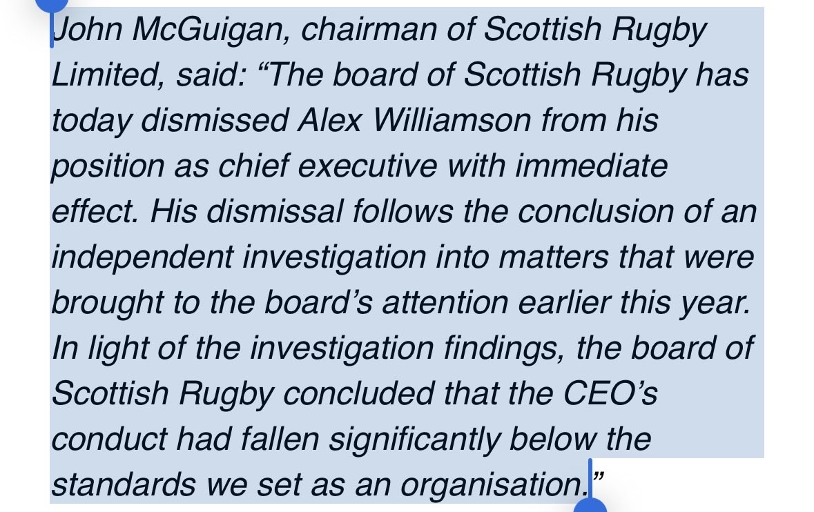 ROB_Robireland's tweet photo. The SRU have sacked their chief executive Alex Williamson. Statement below https://t.co/yASXFQlZuJ