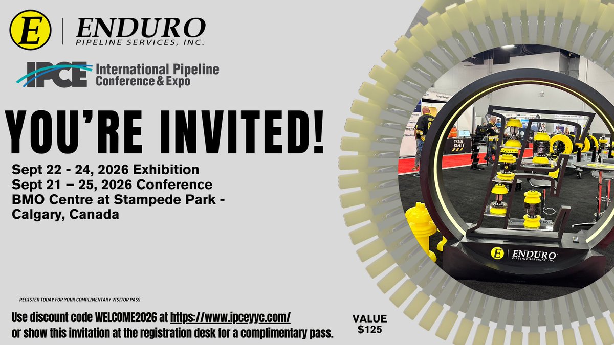 EnduroUSA's tweet photo. 📍 See you in Calgary this September at IPCE 2026! Visit Enduro Pipeline Services at Booth 502. #IPCE2026 #PipelineIntegrity #PipelineCleaning #PipelineInspection #PipelineTechnology #PipelinePigging #EnergyInfrastructure https://t.co/9GZBrjnNi9