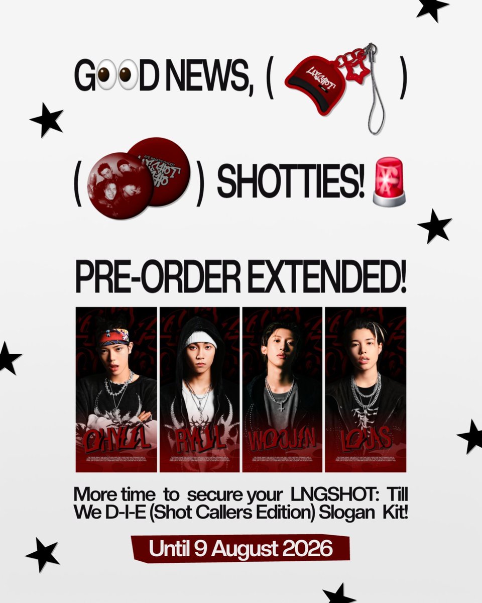 lngshotfess's tweet photo. lngs! 🚨 GOOD NEWS, SHOTTIES! 🚨
📢 pre-order extended! more time to secure your lngshot: till we d-i-e (shot callers edition) 𖣠 🗓️ until 9 august 2026. make sure you don't miss out 🆗 order n✮w, scan the QR code https://t.co/YlErAu9Dqe